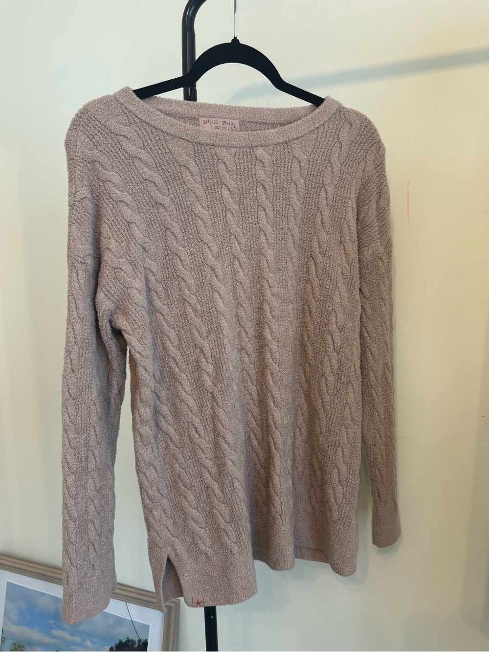 Barefoot Dreams Cable Knit Crew Sweater - Light Taupe